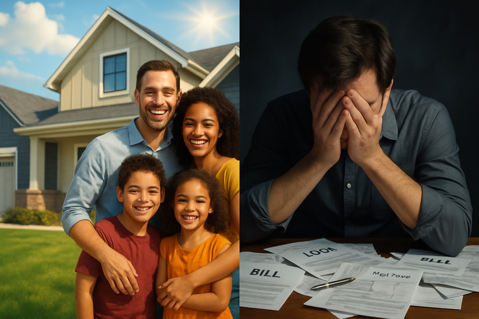 Conceptual image contrasting the joy of homeownership with the stress of loan interest.